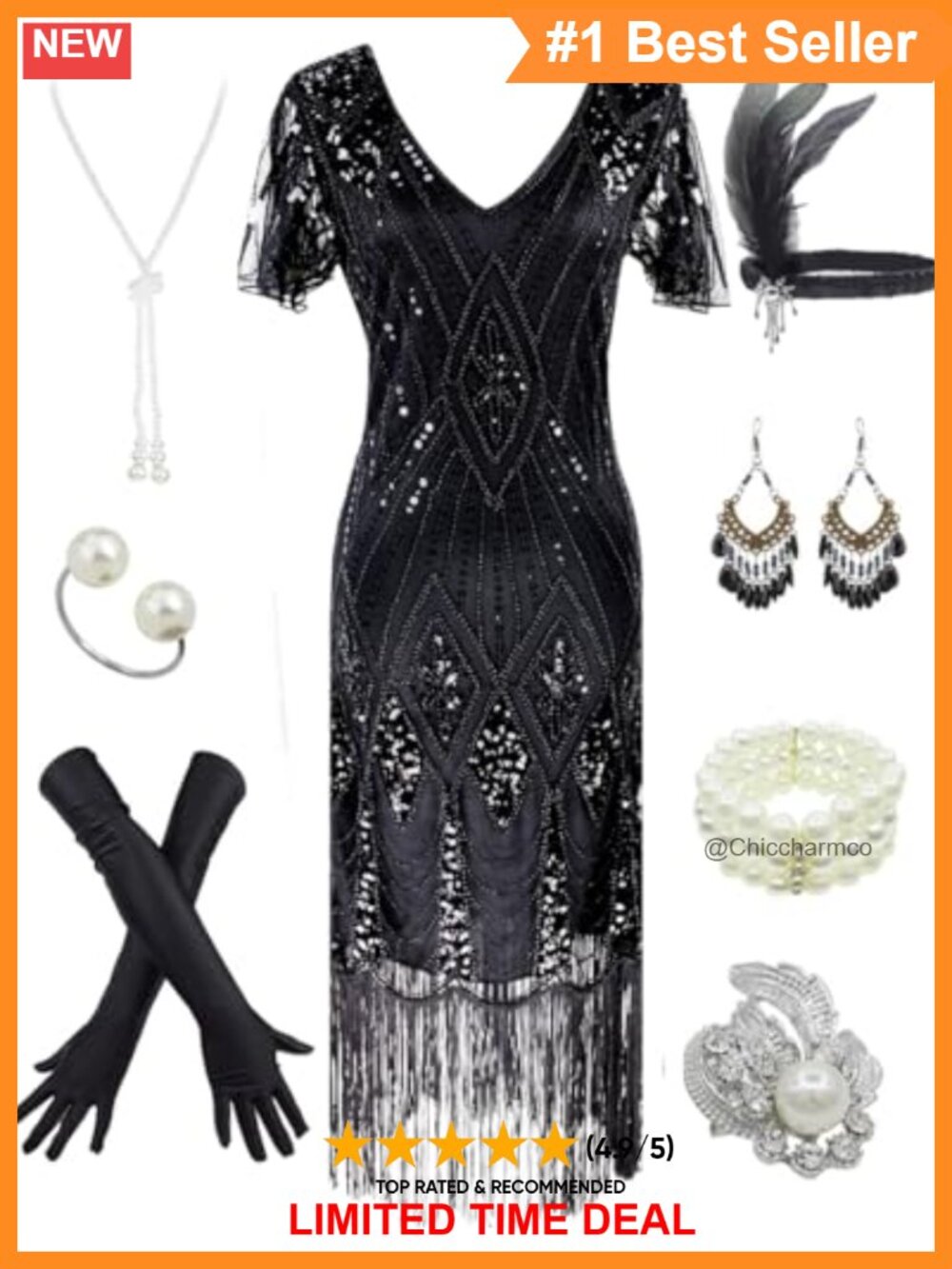 1920s Gatsby Sequin Flapper Dress Set Satin Gloves Pearl Jewelry Costume